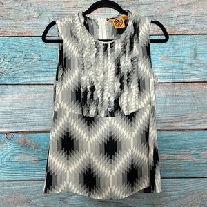 Tory Burch Grey Black White Aztec Print Silk Top Size 6